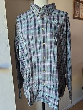 Balenciaga Men's Plaid Button-Down Shirt in Light Blue, Navy, and White